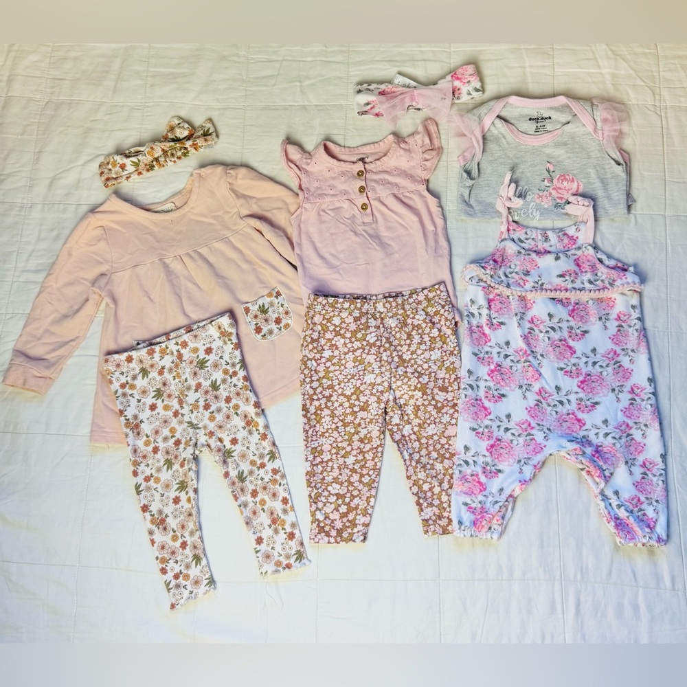 Baby Girls Floral Bundle Lot of 6-9 Months Two piece Sets W/ Headbands Overalls